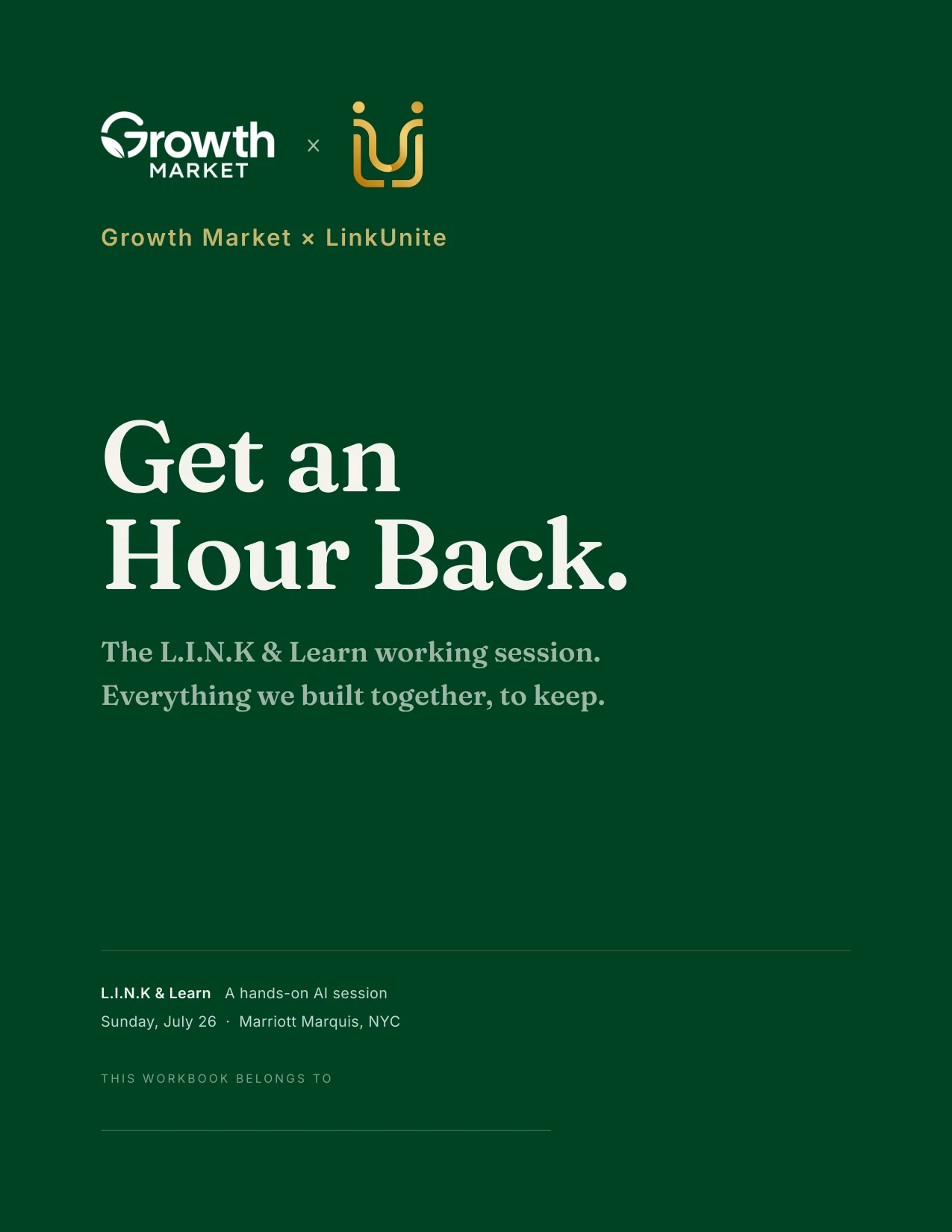 Cover of the LinkUnite workbook, Get an Hour Back.
